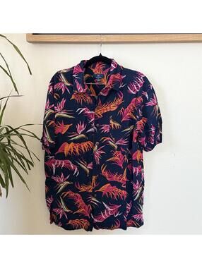 Navy Tropical Floral Button Up Shirt Pink Orange George Women’s M